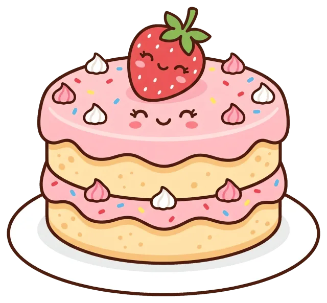 Cute cartoon strawberry cake with smiling faces