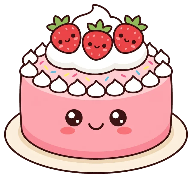 Cute cartoon strawberry cake with smiling faces