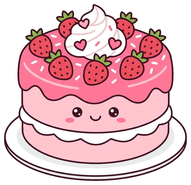 Cute cartoon strawberry cake with whipped cream and hearts