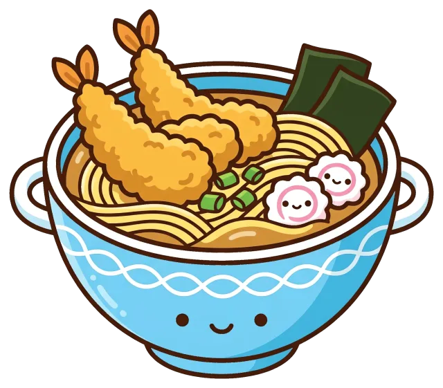 Cute cartoon tempura ramen bowl with smiling face