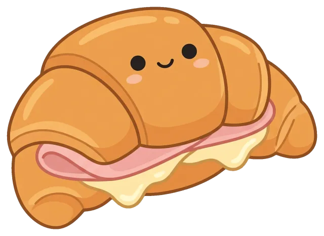 Cute ham and cheese croissant cartoon with smiling face
