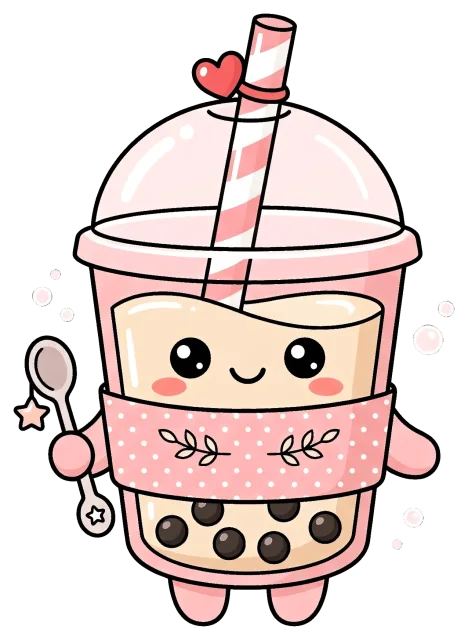 Cute kawaii boba tea character with heart straw and spoon