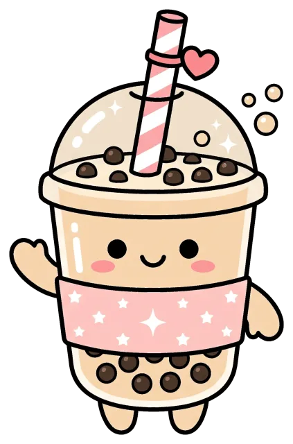 Cute kawaii boba tea character with pink straw and heart