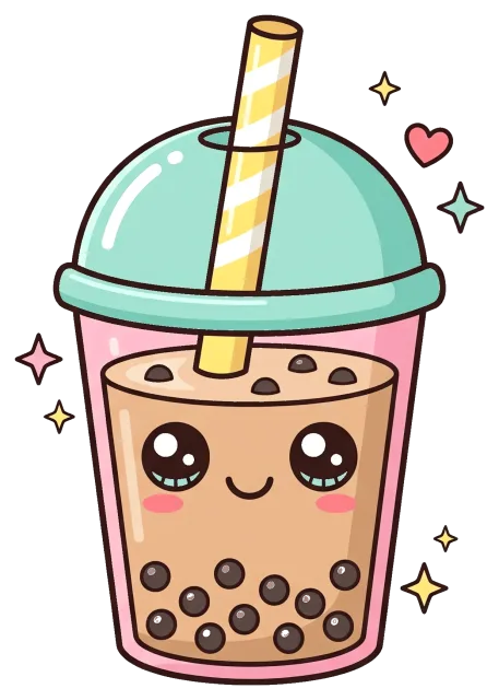 Cute kawaii boba tea with smiling face and colorful sparkles