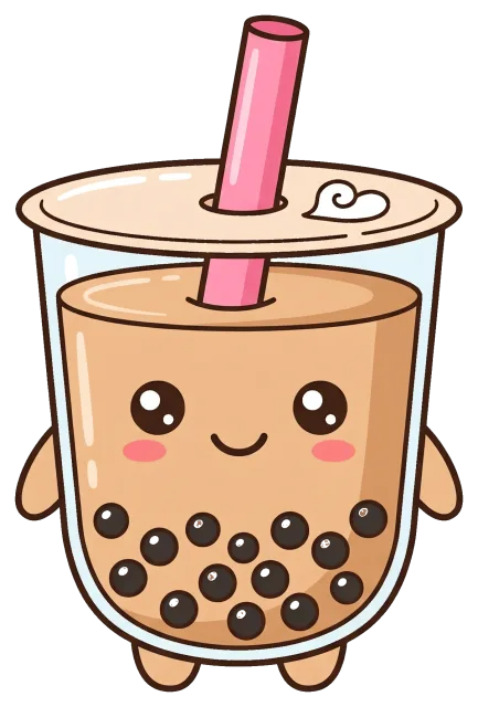 Cute kawaii boba tea with smiling face and pink straw