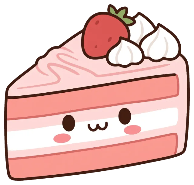 Cute kawaii strawberry cake slice with whipped cream