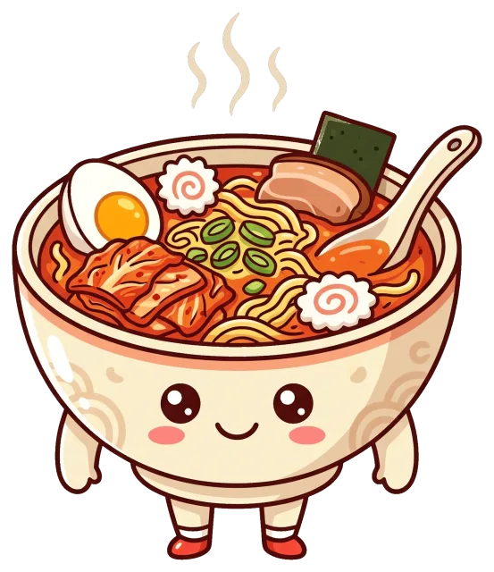 Cute Kimchi Ramen Bowl with Egg and Noodles Character