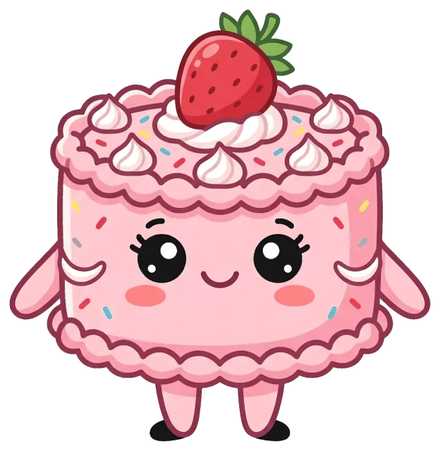 Cute pink strawberry cake character with smiling face