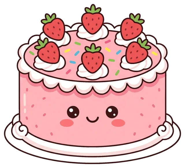 Cute pink strawberry cake with smiling face and sprinkles