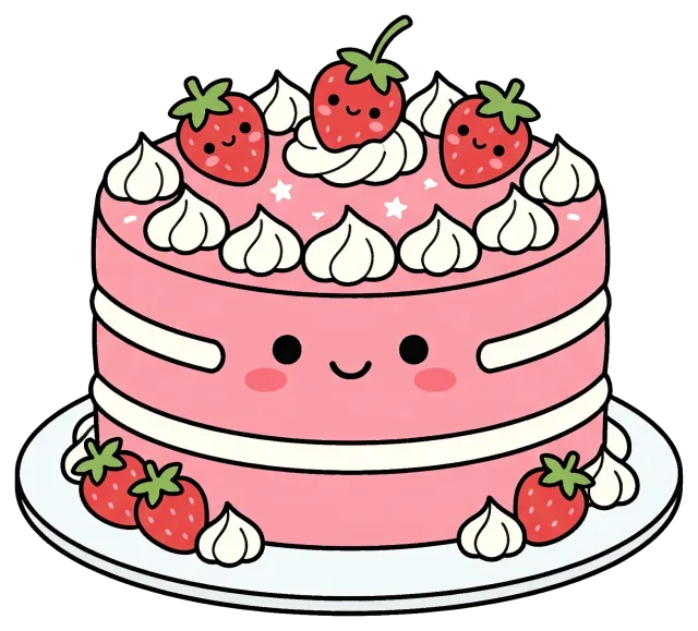 Cute pink strawberry cake with smiling faces