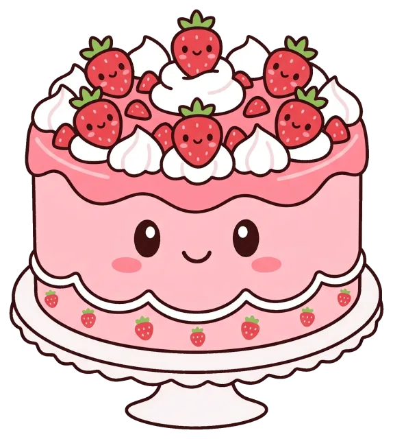 Cute pink strawberry cake with smiling faces and whipped cream