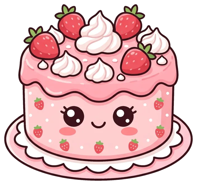 Cute pink strawberry cake with whipped cream and smiling face