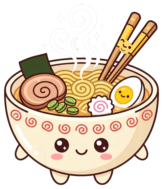 Cute ramen bowl cartoon character with chopsticks and toppings