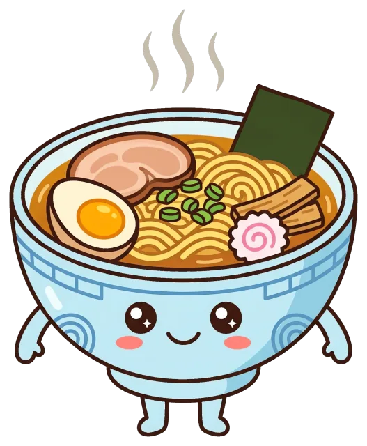 Cute ramen bowl cartoon character with toppings