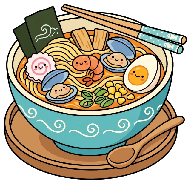 Cute seafood ramen bowl with smiling ingredients