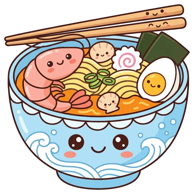 Cute seafood ramen bowl with smiling ingredients and chopsticks