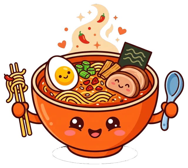 Cute spicy ramen bowl with happy face holding chopsticks and spoon