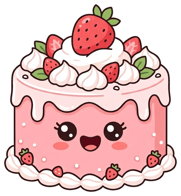 Cute strawberry cake cartoon character with smiling face