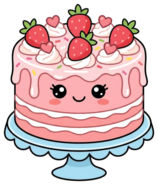 Cute strawberry cake cartoon with smiling face