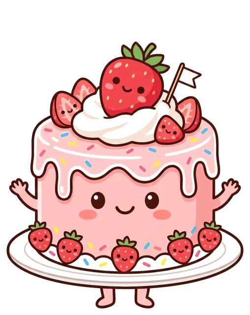Cute Strawberry Cake Character with Whipped Cream and Sprinkles
