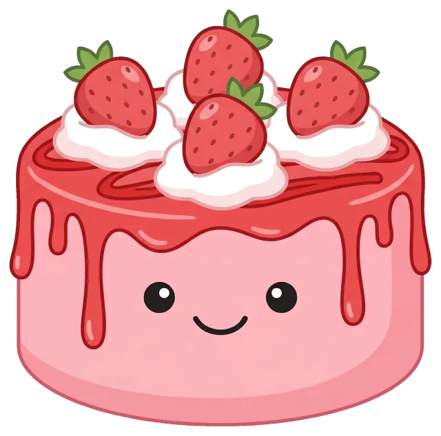 Cute strawberry cake with smiling face and whipped cream