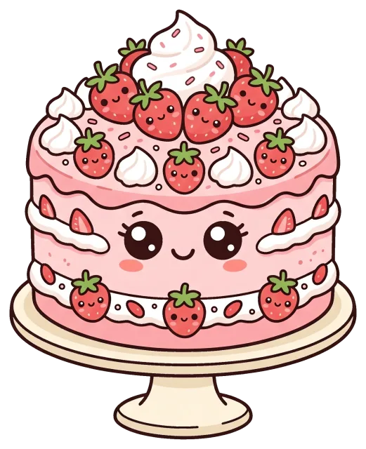 Cute strawberry cake with smiling face and whipped cream