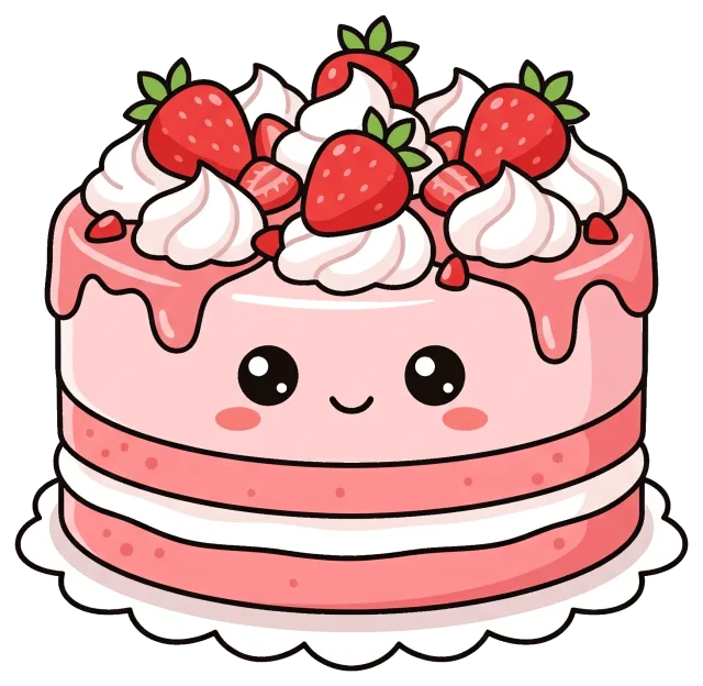 Cute strawberry cake with whipped cream and smiling face