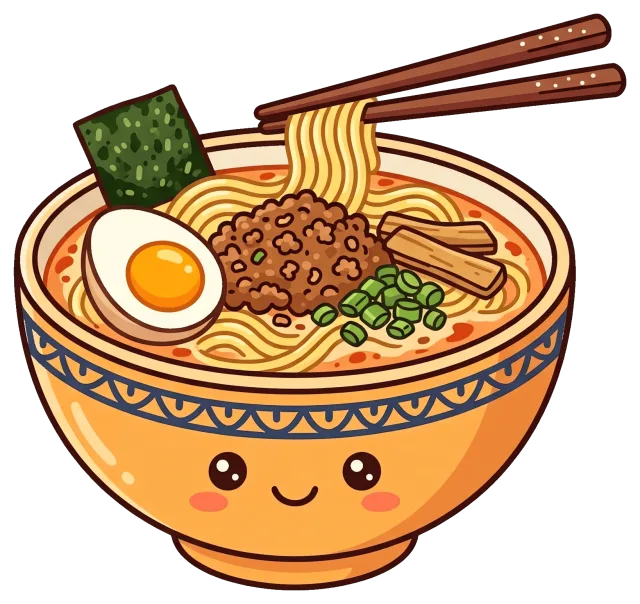 Cute Tan Tan ramen bowl with chopsticks and toppings