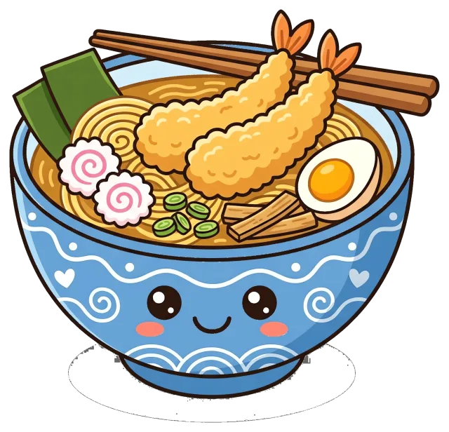 Cute Tempura Ramen Bowl with Chopsticks and Toppings