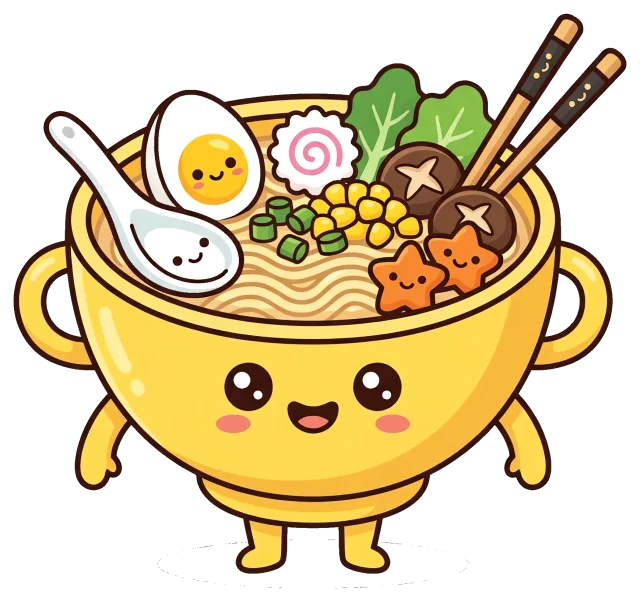 Cute vegetable ramen bowl cartoon with happy face