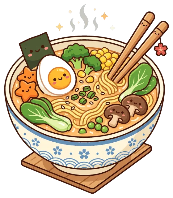 Cute vegetable ramen bowl with happy ingredients and chopsticks