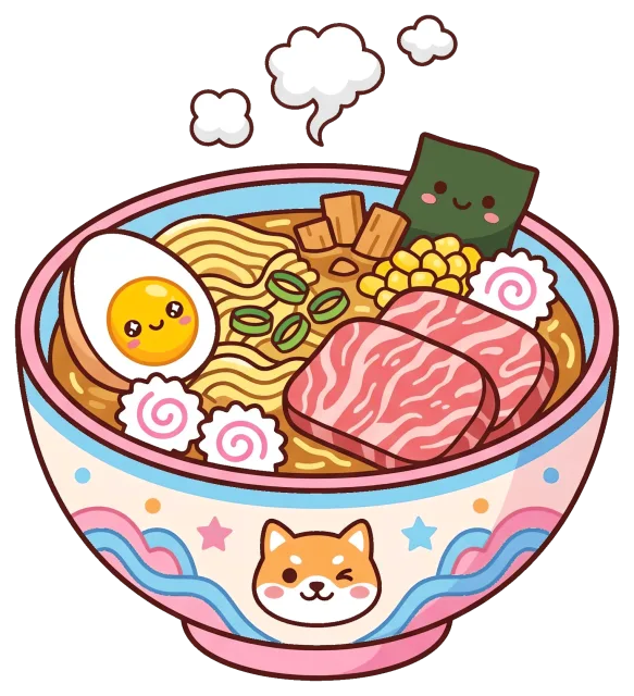 Cute Wagyu Ramen Bowl with Egg and Toppings Cartoon