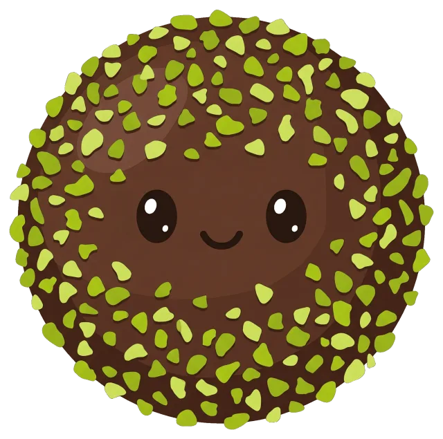 Chocolate covered treat with pistachio pieces and smiling face