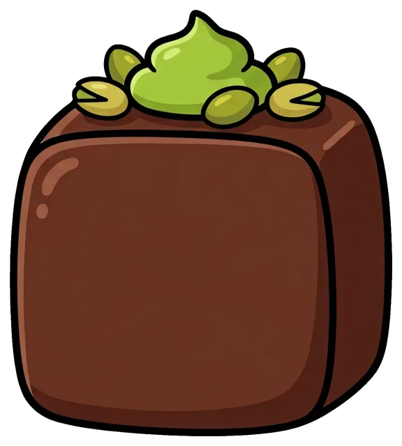 Chocolate square with pistachio cream and nuts topping