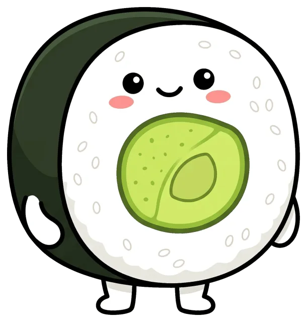 Cute avocado maki sushi cartoon character with smiling face
