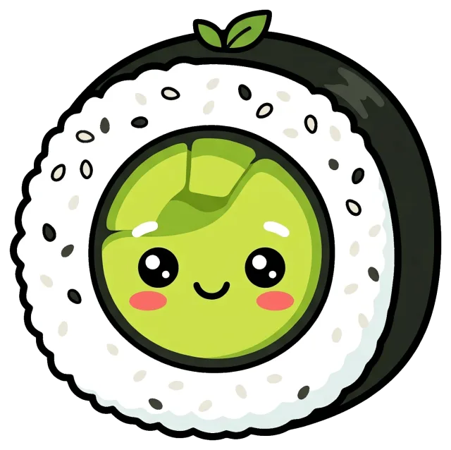 Cute cartoon avocado sushi roll with smiling face