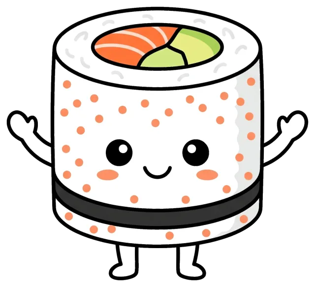 Cute cartoon California roll sushi character with smiling face