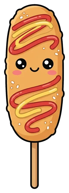 Cute cartoon corn dog with ketchup and mustard
