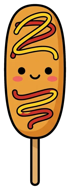 Cute cartoon corn dog with mustard and ketchup smiley face
