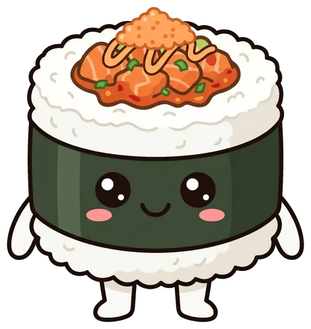 Cute cartoon spicy salmon sushi roll character