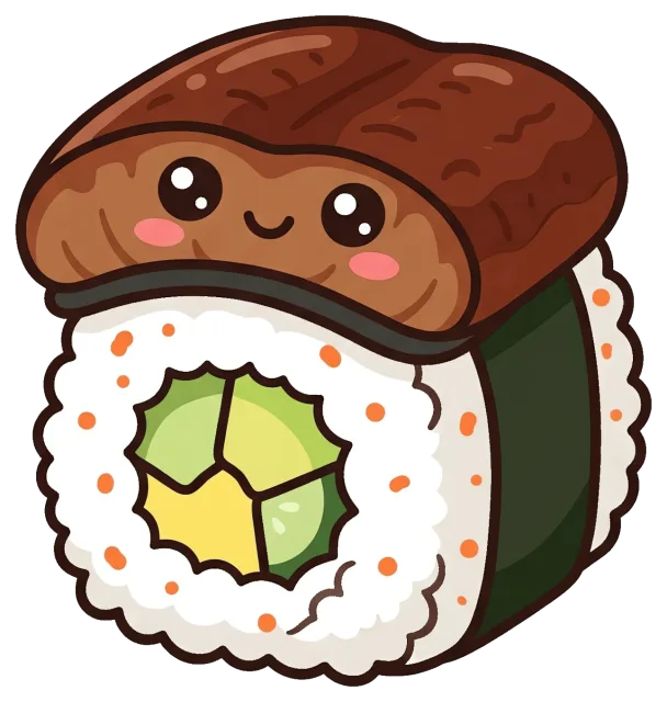 Cute cartoon unagi roll sushi with smiling face