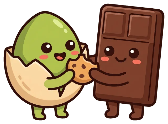 Cute pistachio and chocolate sharing a cookie bite
