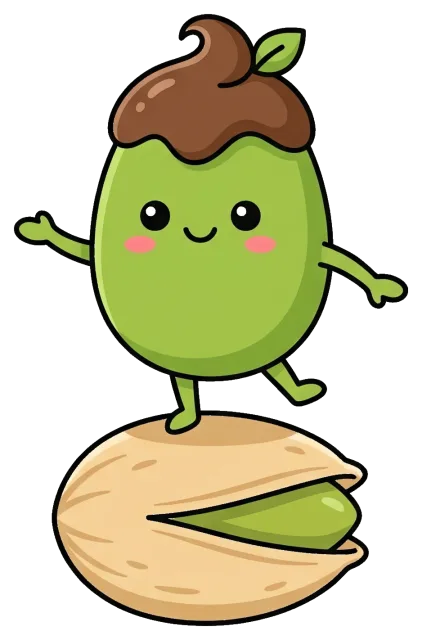 Cute pistachio character balancing chocolate on shell