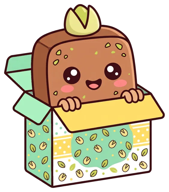 Cute pistachio chocolate bar peeking out of decorated box
