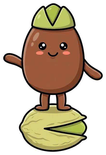 Cute pistachio chocolate character balancing on pistachio shell