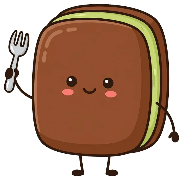 Cute pistachio chocolate character holding a fork