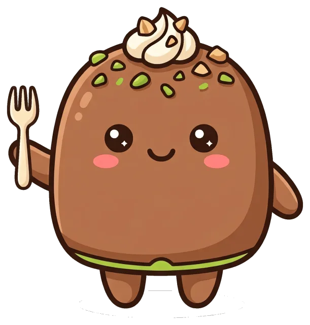 Cute pistachio chocolate character holding a tiny fork