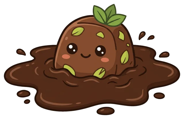 Cute pistachio chocolate character in melted chocolate