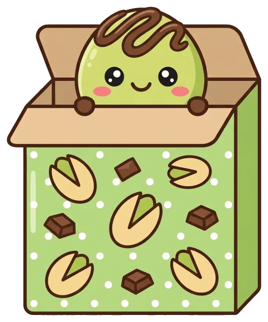 Cute pistachio chocolate character peeking from decorated box