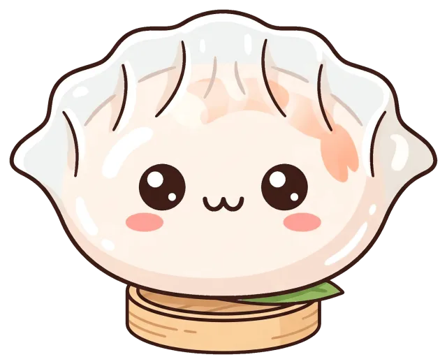 Cute shrimp dumpling with smiling face on bamboo steamer